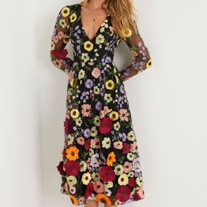 Lulus Impressive Blossom Black 3d Floral Embroidered Midi Dress - Size L